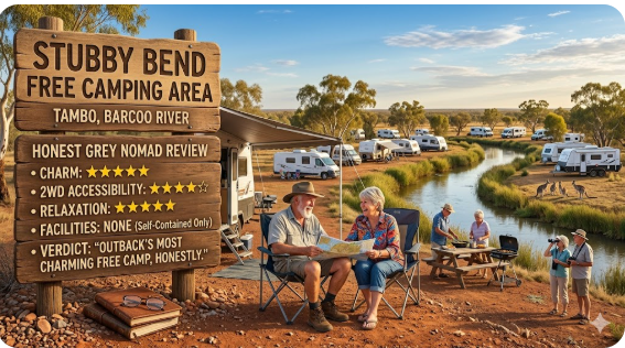 Grey nomad caravan parked at Stubby Bend Free Camping Area in outback Queensland, a peaceful bush camp beside the river popular with senior travellers.