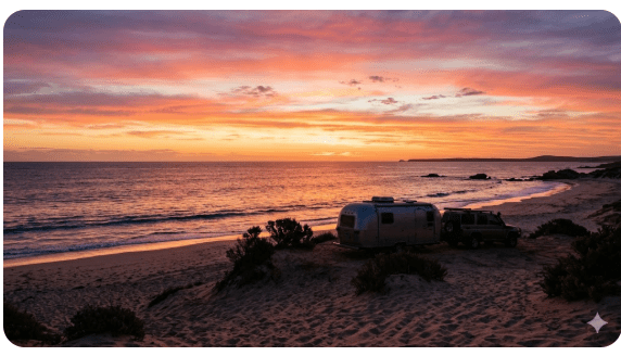 Sunset over Indian Ocean at Coronation Beach Rest Area with caravan silhouette