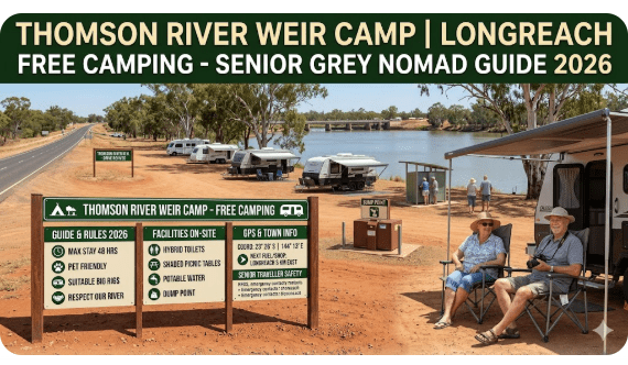 If you are a senior traveller, a retired grey nomad, or simply someone who loves free camping in outback Queensland, Thomson River Weir Camp outside Longreach
