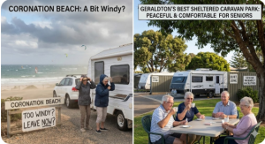 Senior grey nomad couple parked at a sheltered caravan park in Geraldton WA, relaxing beside their van away from the strong winds at Coronation Beach.