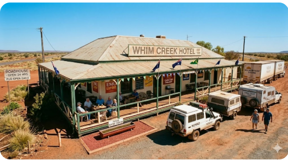 Whim Creek Hotel is one of the most iconic outback pubs on the North West Coastal Highway and a favourite overnight stop for grey nomads travelling between Karratha and Port Hedland in Western Australia