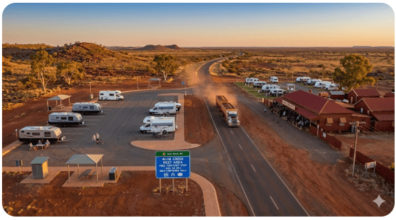 The Whim Creek Rest Area free camping option sits on the Great Northern Highway in the Pilbara region of Western Australia, near the historic Whim Creek settlement approximately 130 km east of Karratha and 115 km west of Port Hedland.