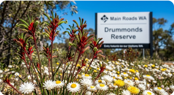 Everlasting wildflowers in the foreground at Drummonds Reserve, Badgingarra. A white Main Roads WA entry sign is visible in the soft-focus background under a brilliant blue Western Australian sky.
