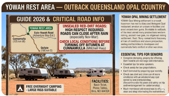 The Yowah Rest Area is a free overnight rest stop located on the Eulo–Yowah Road (also marked as the Adventure Way extension) in the tiny opal-mining settlement of Yowah