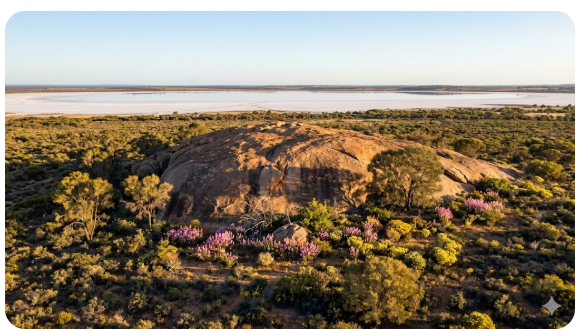 Baladjie Rock granite outcrop in Western Australia with natural rock pools, bush camping area and remote outback landscape popular with caravanners and grey nomads