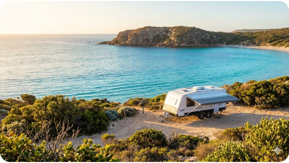 Caravans camping beside the beach at Cape Riche Campground, Wellstead Western Australia