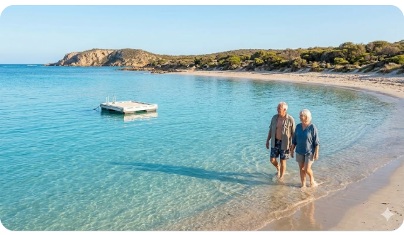 Protected swimming bay and floating pontoon at Cape Riche Campground, Wellstead Western Australia