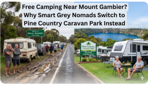 Grey nomads caravan parked at Pine Country Caravan Park Mount Gambier, 1km walk from the Blue Lake, South Australia