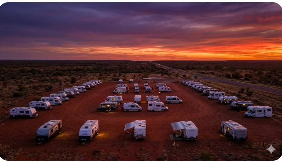 A wide view of many caravans parked for the night at Spring Creek Rest Area under a dramatic Kimberley sunset.