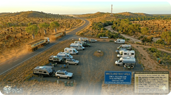 Macsland Rest Area free camping guide 2026. GPS, dump point, water, toilets, safety and medical info for senior grey nomads travelling the Landsborough Highway QLD.