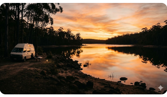 Sunset over Glen Mervyn Dam free camping area near Collie Western Australia with jarrah forest and campervan.
