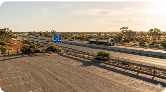 View of the Forrest Highway from the Stake Hill Rest Area, illustrating the easy pull-in access for fatigue management but proximity to highway traffic.