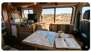Organised campervan interior with budget planning notebook — vanlife Australia after 50