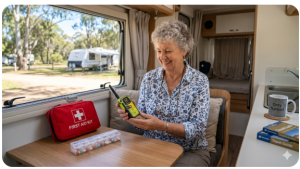 Senior grey nomad woman with PLB and medication kit — vanlife health and safety Australia