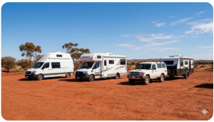 Three vanlife vehicle options in Australia — campervan, motorhome and caravan for grey nomads