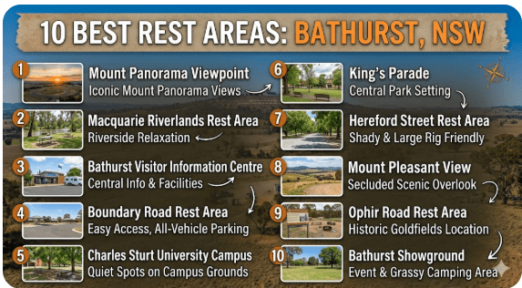 Top 10 rest areas near Bathurst NSW, scenic roadside stops with parking, shade, and facilities for travellers and caravans