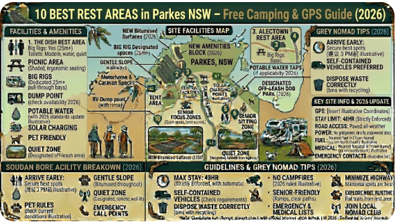 10 best rest areas in Parkes NSW map showing Newell Highway stops and free camping locations 2026