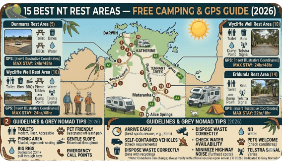 Northern Territory outback rest area with caravan parked at sunset, Stuart Highway 2026