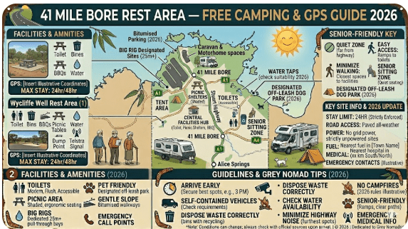 41 Mile Bore Rest Area guide with GPS, road conditions, fuel stops & overnight tips for grey nomads travelling the Barkly Highway through outback Northern Territory.