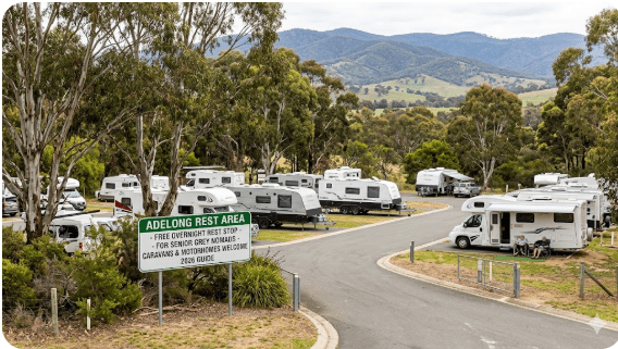 Adelong Rest Area on the Snowy Mountains Highway NSW 2729 — free overnight rest stop guide for senior grey nomads in caravans and motorhomes, 2026, showing the rest area entry and surrounding Snowy Mountains foothills landscape