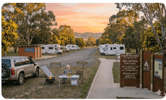 Albury Rest Area on the Hume Highway NSW 2640 — free overnight stop for senior grey nomads at the NSW Victoria border crossing near the Murray River, April 2026