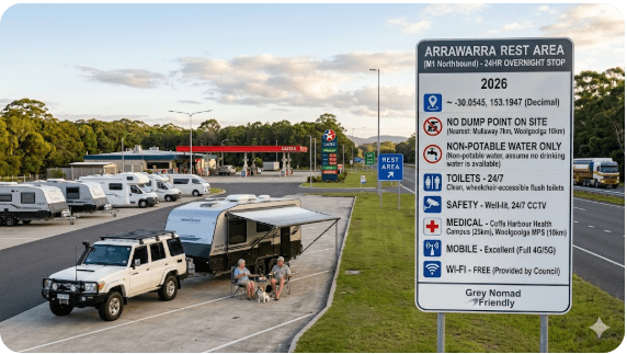 Arrawarra Rest Area free camping guide 2026 NSW with GPS, toilets, dump point info, water, safety and medical details for senior grey nomads