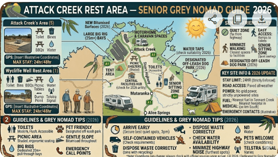 Attack Creek Rest Area on the Stuart Highway NT — GPS coordinates, free overnight stay, fuel stops, heat safety tips and facilities guide for grey nomads 2026.