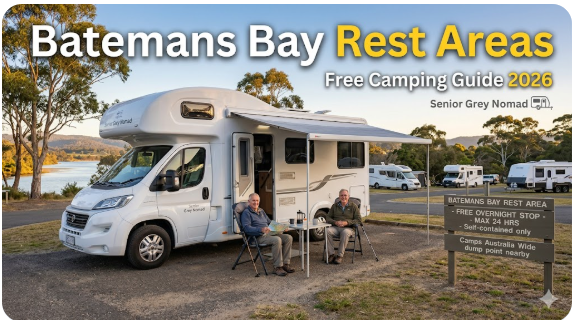 Batemans Bay rest areas map and guide showing Princes Highway coastal route, free camping options, facilities, and overnight stops for senior grey nomads travelling the NSW South Coast in 2026
