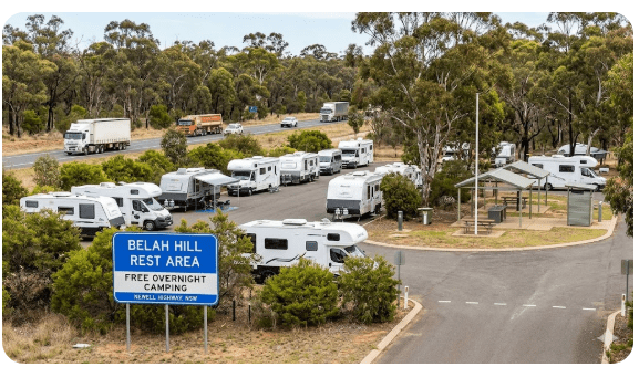 Belah Hill Rest Area is a free 24-hour roadside rest stop on the Newell Highway in New South Wales, positioned between Narrabri and Moree