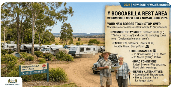 Bellata Rest Area signage NSW | Grey nomad caravan at Bellata Rest Area | Bellata Rest Area facilities | Newell Highway rest stop near Bellata | Senior travellers at Bellata Rest Area NSW