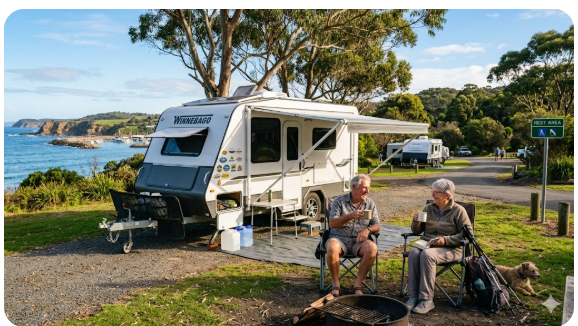 Bermagui rest area guide showing coastal NSW location near the Sapphire Coast, nearby facilities, and overnight stop options for senior grey nomads travelling the South Coast in 2026