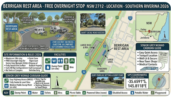 Berrigan Rest Area in Berrigan NSW 2712 — free 24-hour overnight stop for senior grey nomads travelling by caravan or motorhome in the southern Riverina in 2026, showing quiet flat access away from the main freight highway corridor
