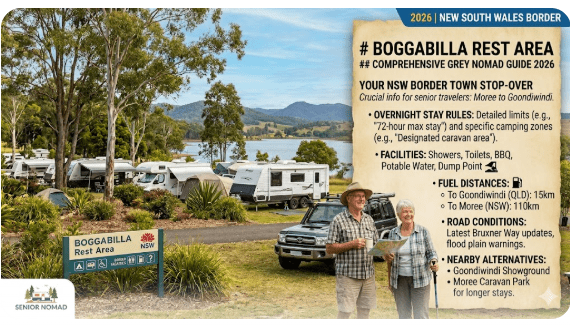 Boggabilla Rest Area for grey nomads and seniors. Overnight stay info, facilities, fuel distances, road conditions, dump points and nearby free camps on the NSW-QLD border.