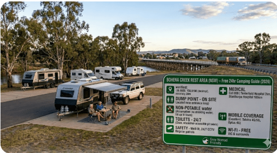 Bohena Creek Rest Area free camping guide 2026. GPS, dump point, water, toilets, safety and medical info for senior grey nomads travelling NSW