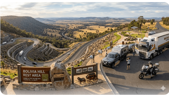 Bolivia Hill Rest Area showing parking bays and scenic mountain views for caravans and motorhomes on New England Highway