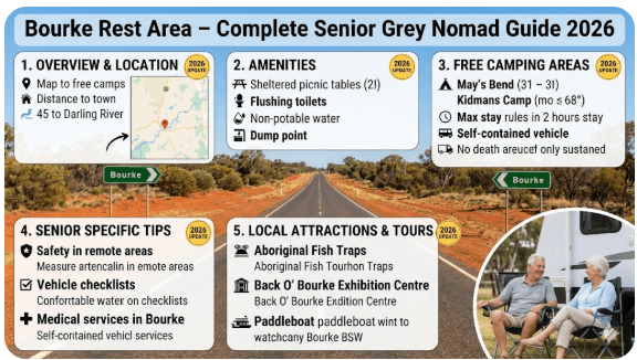 Bourke Rest Area truck stop on Mitchell Highway NSW", "grey nomad caravan parked at Bourke truck stop NSW", "Darling River at sunrise Bourke NSW", "Back O Bourke Exhibition Centre outback NSW", "road train at Bourke truck stop Mitchell Highway