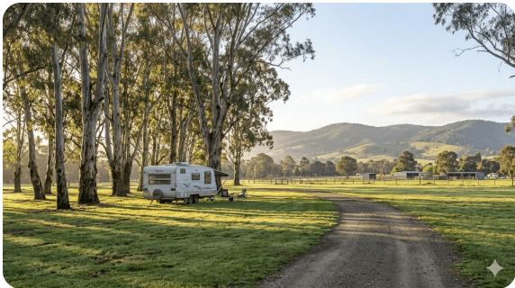 Broadford rest area at the Recreation Reserve on the Hume Freeway at Broadford VIC 3658 — senior grey nomad guide 2026 showing flat grassed free camping area with gum trees suitable for caravans motorhomes and campervans on the final approach to Melbourne on the southbound Victorian grey nomad route