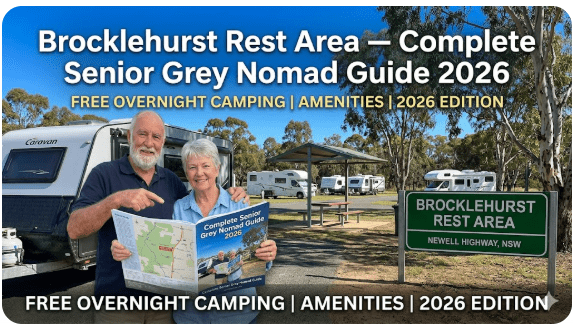 Brocklehurst Rest Area on the Newell Highway NSW — free overnight stop guide 2026 for senior grey nomads showing rest area facilities and parking for caravans and motorhomes