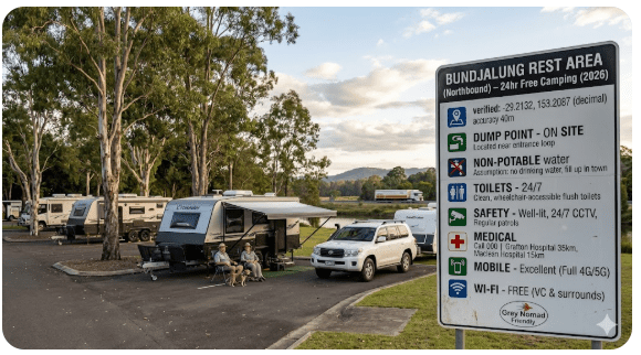 Bundjalung Rest Area (Northbound) free camping guide 2026. NSW GPS, toilets, water, dump point planning, safety and medical info for senior grey nomads.