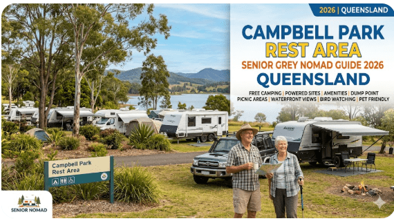 Cambell Park Rest Area signage Queensland, Grey nomad caravan at Cambell Park Rest Area, Rest area facilities outback Queensland, Senior traveller motorhome Queensland rest stop
