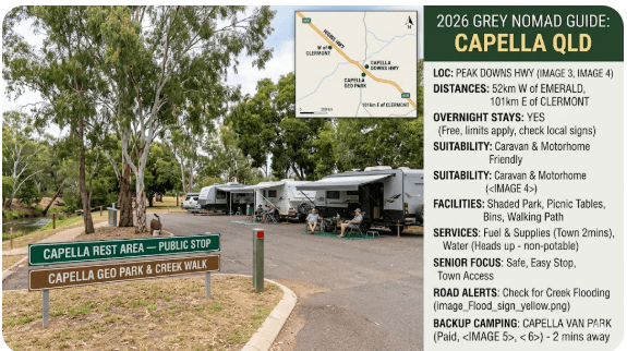 The Capella Rest Area most travellers are referring to is the public stop at Capella Geo Park on Peak Downs Street, Capella QLD 4723, beside Capella Creek in central Queensland.