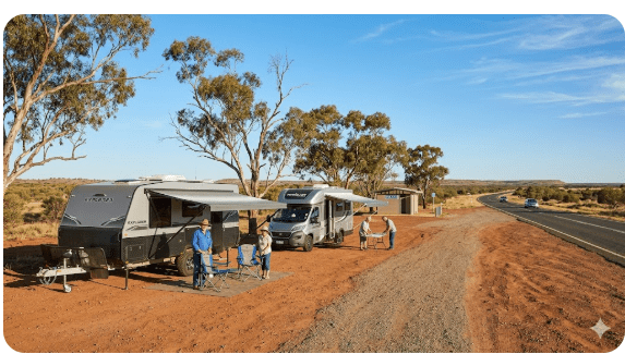 Caravan and motorhome parked at a shaded outback rest area near Charleville, Queensland
