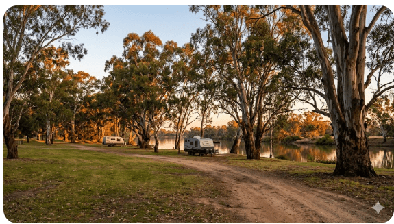 Cobram rest area on the Murray Valley Highway at Cobram VIC 3644 — senior grey nomad guide 2026 showing the Murray River foreshore camping area with river red gum trees, suitable for caravans motorhomes and campervans on the NSW to Victoria southbound grey nomad route