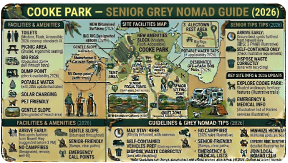 Cooke Park Parkes NSW — shaded picnic area and rest stop for grey nomads and caravanners on the Newell Highway 2026