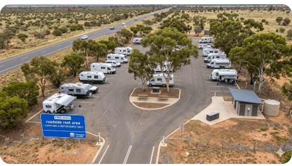 A free roadside rest area on the Barrier Highway northwest of Coolabah, NSW, suitable for caravans and motorhomes. Managed by Transport for NSW.