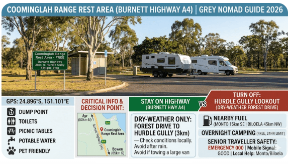 Planning a stop at Coominglah Range Rest Area? This 2026 senior grey nomad guide covers access, road conditions, fuel, camping rules, safety and nearby stays.