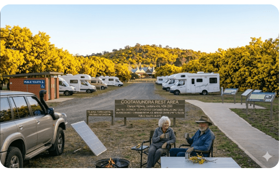 Cootamundra Rest Area on the Olympic Highway in Cootamundra NSW 2590, a free 24-hour overnight stop for senior grey nomads travelling by caravan or motorhome in 2026 — flat access, toilets on-site, walking distance to Don Bradman's birthplace cottage, the Cootamundra Heritage Centre, and the spectacular Cootamundra Wattle winter bloom.