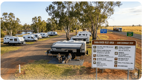Dara River Rest Area free camping guide 2026 with NSW GPS, dump point, water, toilets, safety and medical info for senior grey nomads