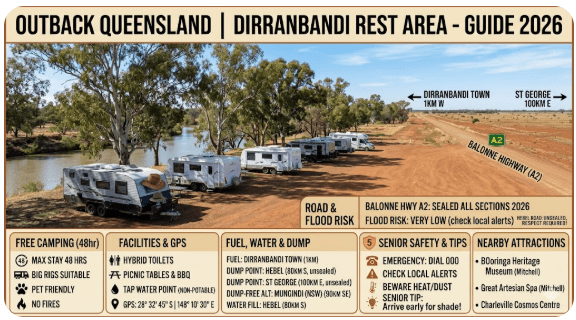 Dirranbandi Rest Area is the quiet roadside stop that thousands of senior grey nomads roll into each year when crossing the Balonne Highway in south-west Queensland.