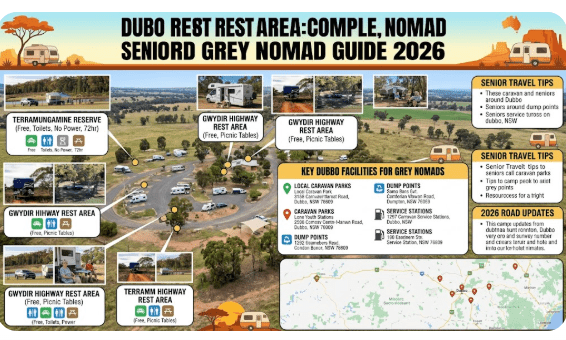 Dubbo Rest Area picnic tables and toilet block on Mitchell Highway NSW